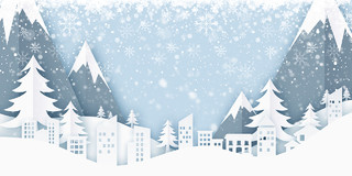 蓝色寒冷雪花冬天雪地雪松城市剪纸建筑展板背景